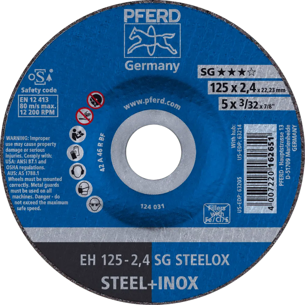 Produktfoto 1 von PFERD TOOLS Trennscheibe EH 125x2,4x22,23 mm gekröpft Leistungslinie SG STEELOX für Stahl/Edelstahl, 25 Stk.