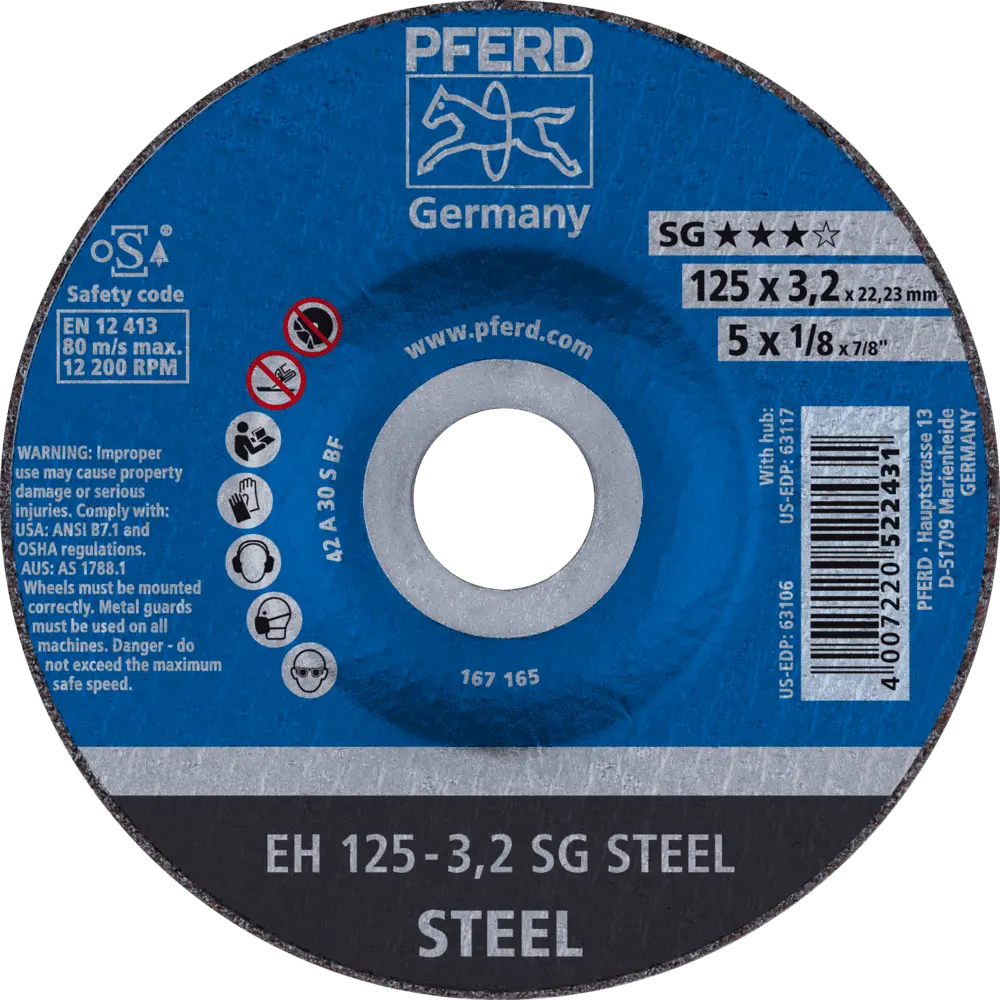 Produktfoto 1 von PFERD TOOLS Trennscheibe EH 125x3,2x22,23 mm gekröpft Leistungslinie SG STEEL für Stahl, 25 Stk.