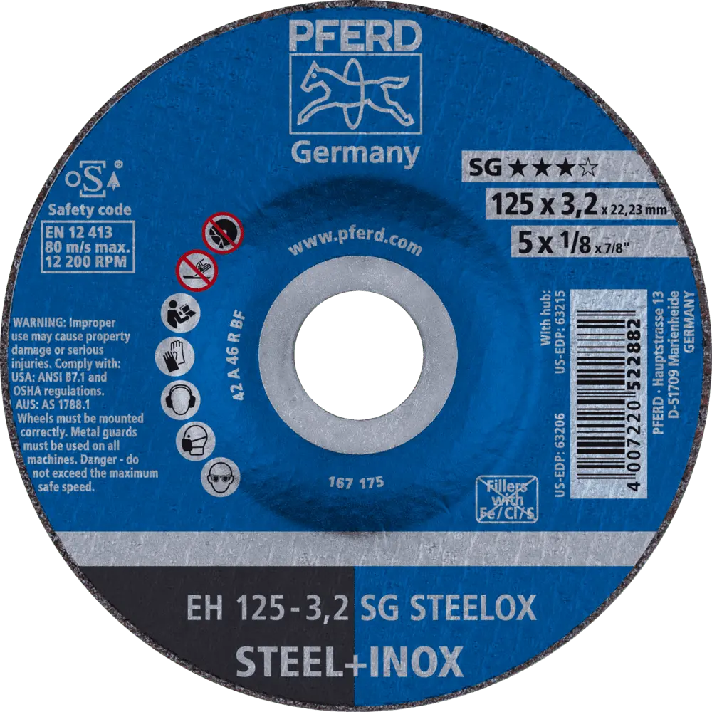 Produktfoto 1 von PFERD TOOLS Trennscheibe EH 125x3,2x22,23 mm gekröpft Leistungslinie SG STEELOX für Stahl/Edelstahl, 25 Stk.