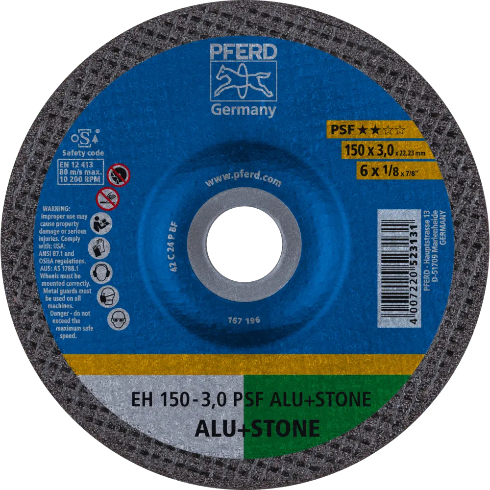 Produktfoto 1 von PFERD TOOLS Trennscheibe EH 150x3,0x22,23 mm gekröpft Uni.-Linie PSF ALU+STONE für Alu/NE-Met./Stein, 25 Stk.