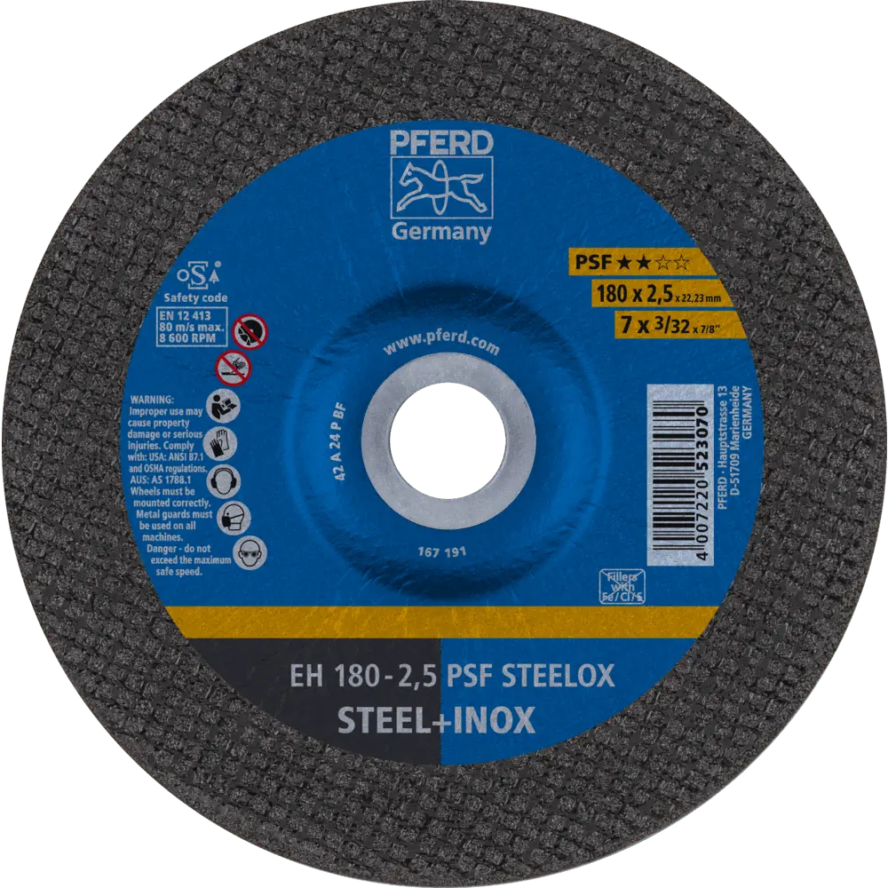 Produktfoto 1 von PFERD TOOLS Trennscheibe EH 180x2,5x22,23 mm gekröpft Universallinie PSF STEELOX für Stahl/Edelstahl, 25 Stk.