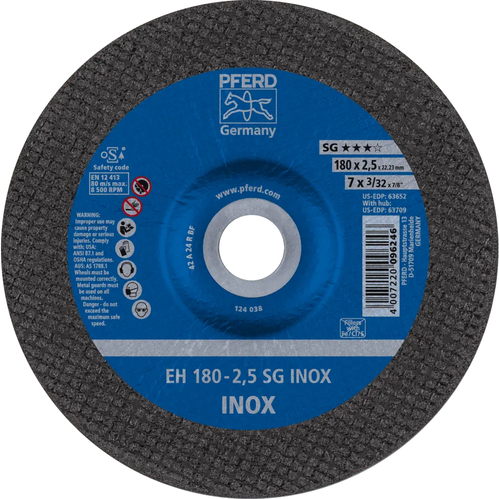 Produktfoto 1 von PFERD TOOLS Trennscheibe EH 180x2,4x22,23 mm gekröpft Leistungslinie SG INOX für Edelstahl, 25 Stk.