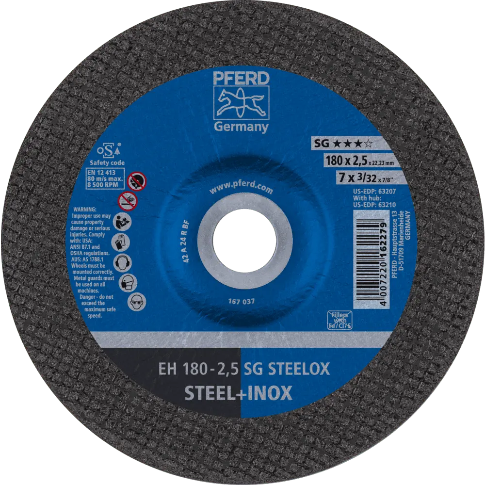 Produktfoto 1 von PFERD TOOLS Trennscheibe EH 180x2,5x22,23 mm gekröpft Leistungslinie SG STEELOX für Stahl/Edelstahl, 25 Stk.