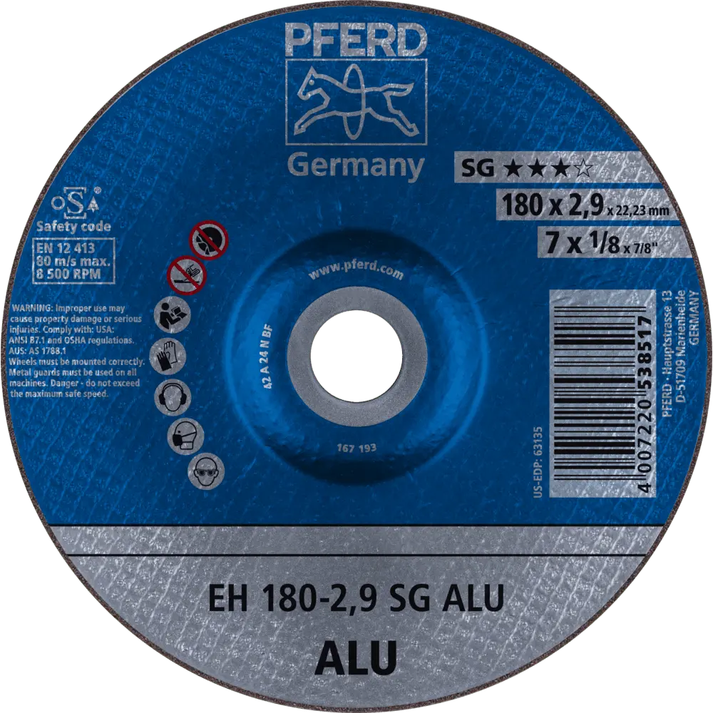Produktfoto 1 von PFERD TOOLS Trennscheibe EH 180x2,9x22,23 mm gekröpft Leistungslinie SG ALU für Alu, 25 Stk.