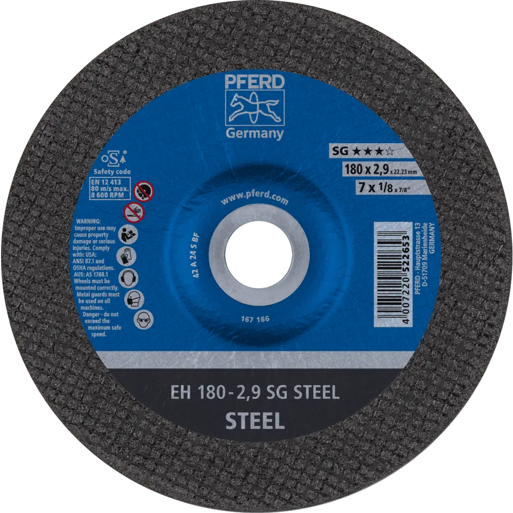Produktfoto 1 von PFERD TOOLS Trennscheibe EH 180x2,9x22,23 mm gekröpft Leistungslinie SG STEEL für Stahl, 25 Stk.