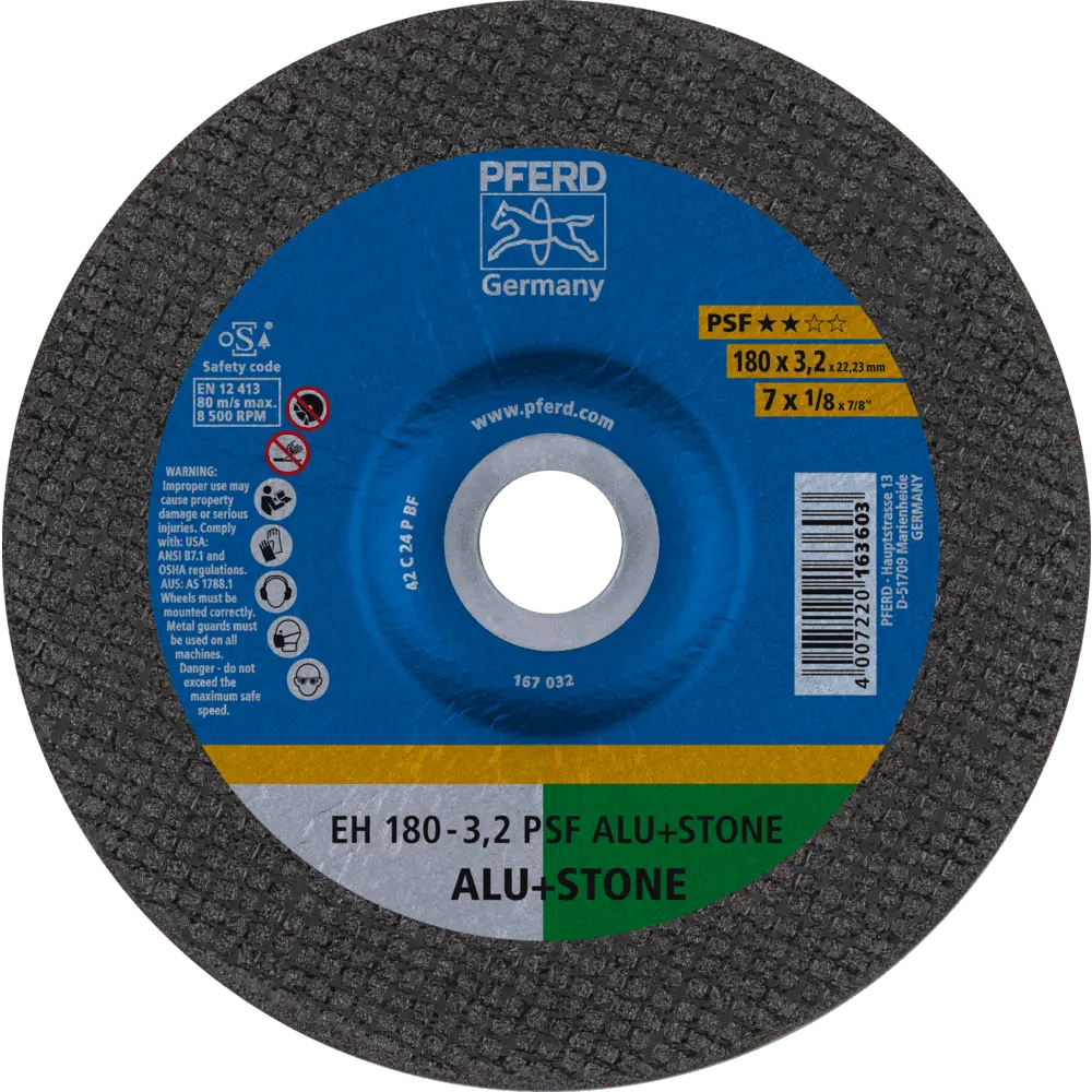 Produktfoto 1 von PFERD TOOLS Trennscheibe EH 180x3,2x22,23 mm gekröpft Uni.-Linie PSF ALU+STONE für Alu/NE-Met./Stein, 25 Stk.