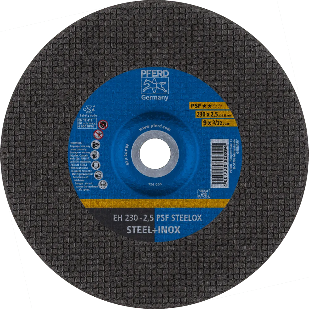 Produktfoto 1 von PFERD TOOLS Trennscheibe EH 230x2,5x22,23 mm gekröpft Universallinie PSF STEELOX für Stahl/Edelstahl, 25 Stk.