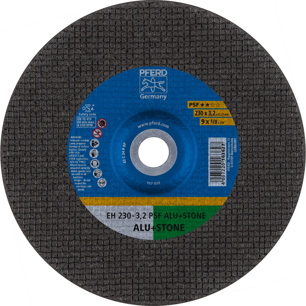 Produktfoto 1 von PFERD TOOLS Trennscheibe EH 230x3,2x22,23 mm gekröpft Uni.-Linie PSF ALU+STONE für Alu/NE-Met./Stein, 25 Stk.