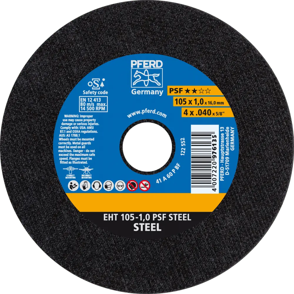Produktfoto 1 von PFERD TOOLS Trennscheibe EHT 105x1,0x16 mm gerade Universallinie PSF STEEL für Stahl, 25 Stk.