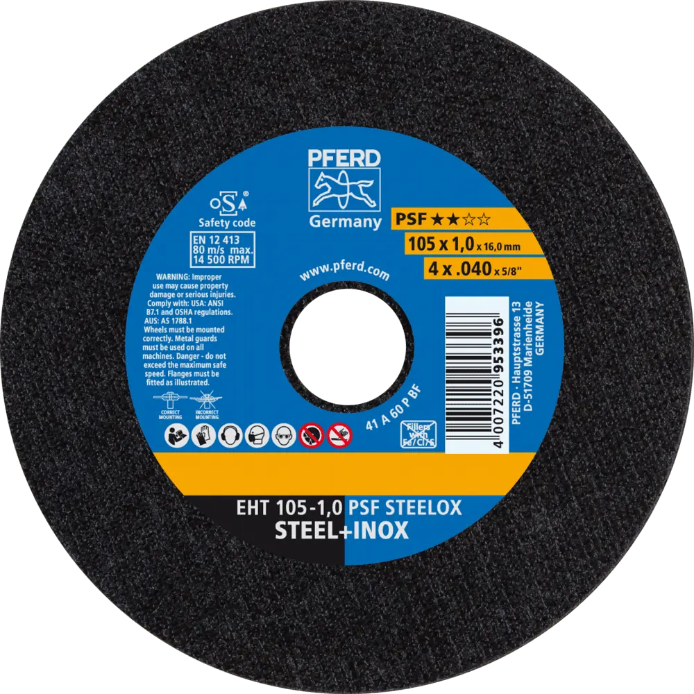 Produktfoto 1 von PFERD TOOLS Trennscheibe EHT 105x1,0x16 mm gerade Universallinie PSF STEELOX für Stahl/Edelstahl, 25 Stk.