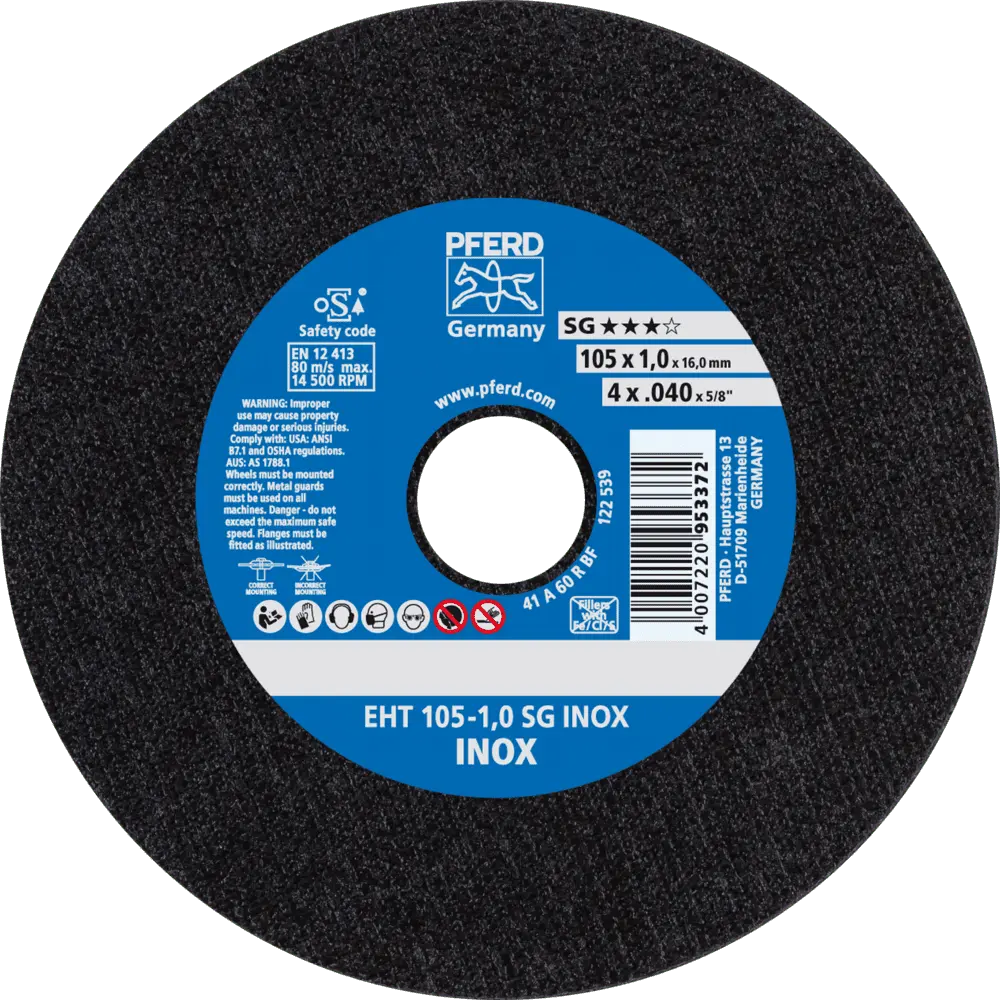 Produktfoto 1 von PFERD TOOLS Trennscheibe EHT 105x1,0x16 mm gerade Leistungslinie SG INOX für Edelstahl, 25 Stk.