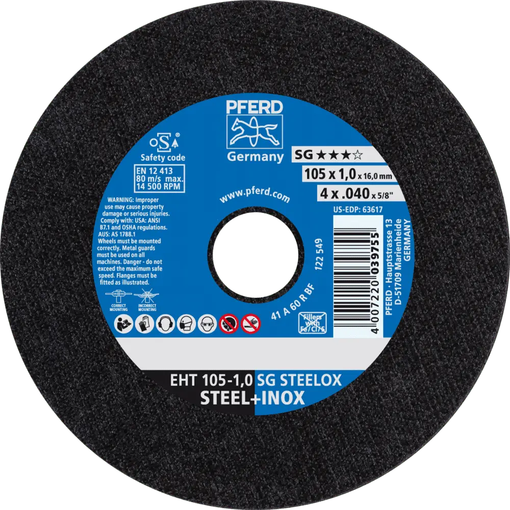 Produktfoto 1 von PFERD TOOLS Trennscheibe EHT 105x1,0x16,0 mm gerade Leistungslinie SG STEELOX für Stahl/Edelstahl, 25 Stk.