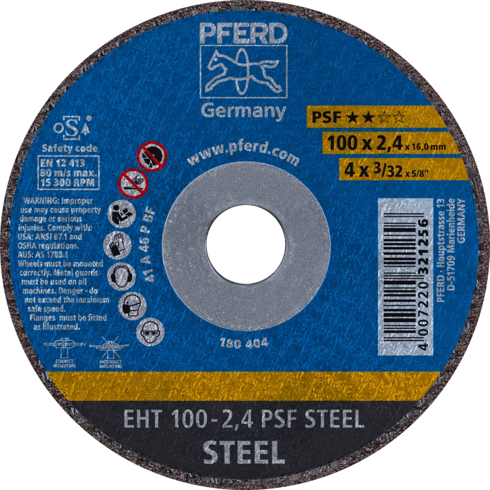 Produktfoto 1 von PFERD TOOLS Trennscheibe EHT 100x2,4x16 mm gerade Universallinie PSF STEEL für Stahl, 25 Stk.