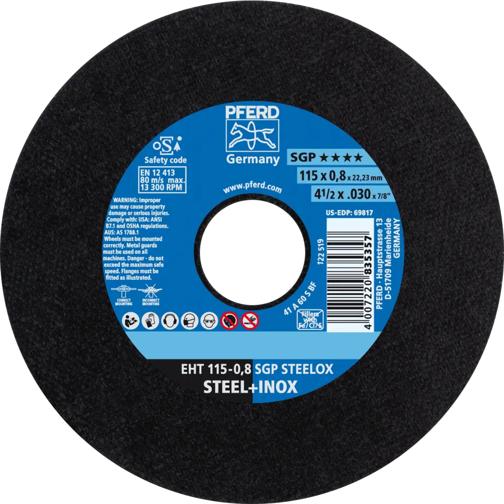 Produktfoto 1 von PFERD TOOLS Trennscheibe EHT 115x0,8x22,23 mm gerade Speziallinie SGP STEELOX für Stahl/Edelstahl, 25 Stk.