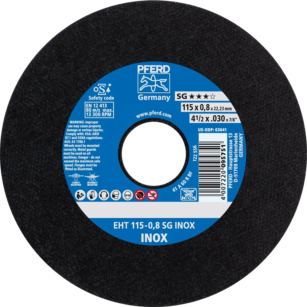 Produktfoto 1 von PFERD TOOLS Trennscheibe EHT 115x0,8x22,23 mm gerade Leistungslinie SG INOX für Edelstahl, 25 Stk.