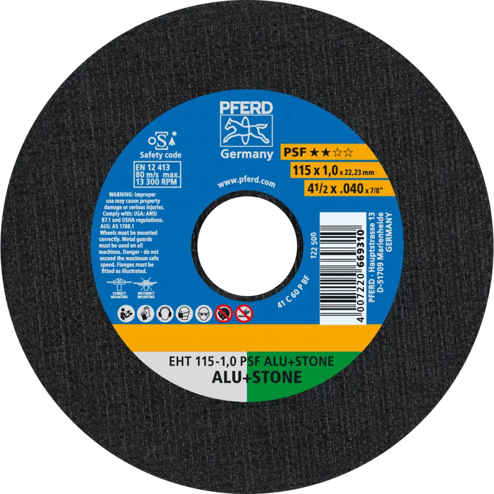 Produktfoto 1 von PFERD TOOLS Trennscheibe EHT 115x1,0x22,23 mm gerade Uni.-Linie PSF ALU+STONE für Alu/NE-Met./Stein/PVC, 25 Stk.