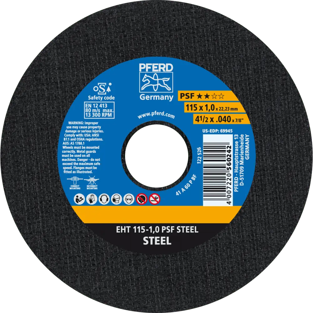 Produktfoto 1 von PFERD TOOLS Trennscheibe EHT 115x1,0x22,23 mm gerade Universallinie PSF STEEL für Stahl, 25 Stk.