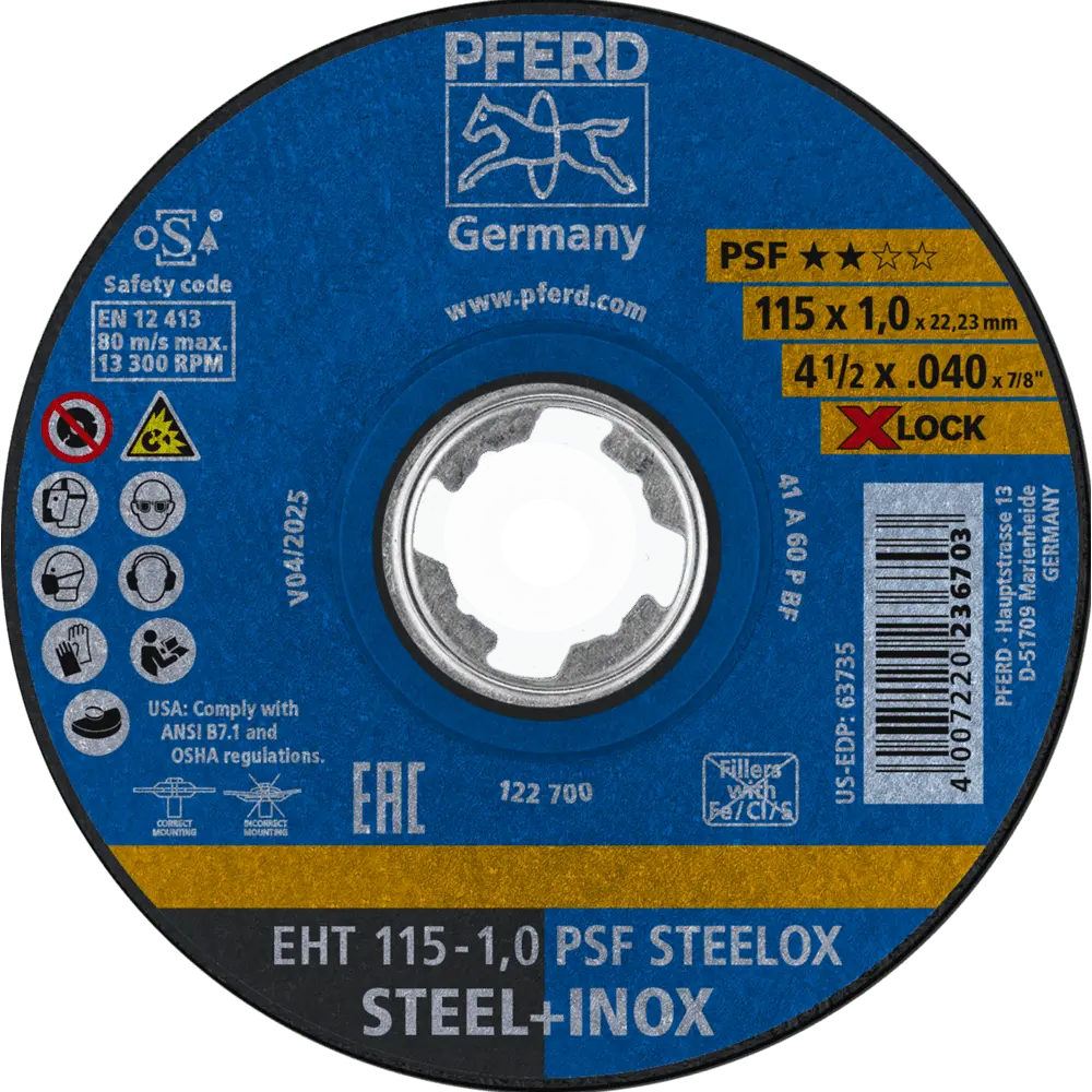 Produktfoto 1 von PFERD TOOLS Trennscheibe EHT 115x1,0mm X-LOCK gerade Universallinie PSF STEELOX für Stahl/Edelstahl, 25 Stk.