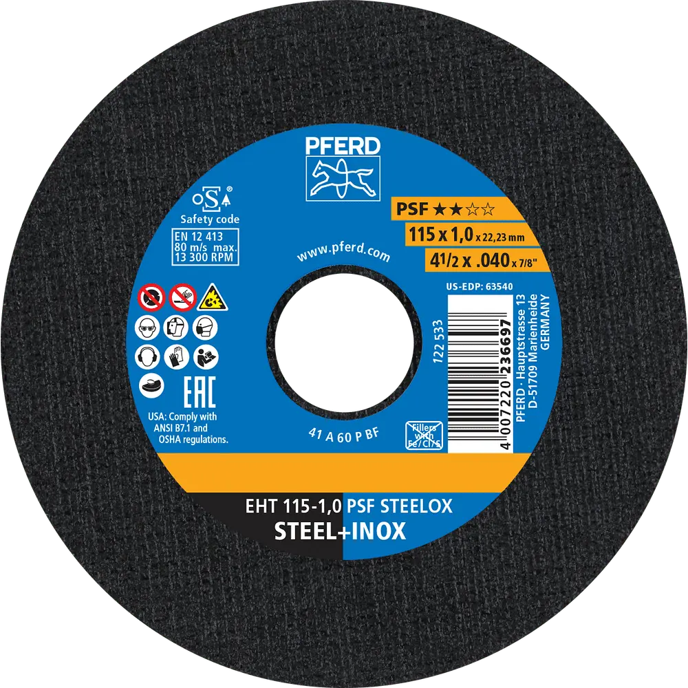 Produktfoto 1 von PFERD TOOLS Trennscheibe EHT 115x1,0x22,23 mm gerade Universallinie PSF STEELOX für Stahl/Edelstahl (10), 10 Stk.