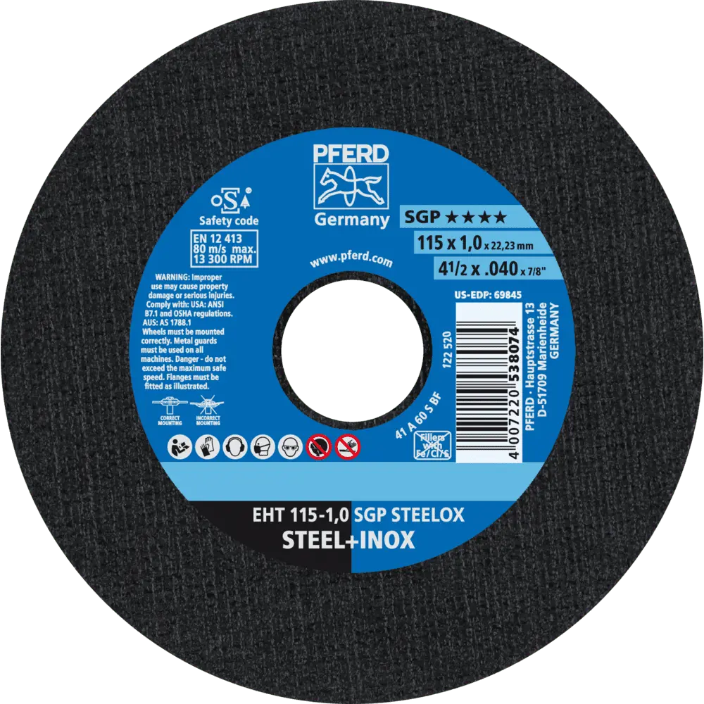 Produktfoto 1 von PFERD TOOLS Trennscheibe EHT 115x1,0x22,23 mm gerade Speziallinie SGP STEELOX für Stahl/Edelstahl, 25 Stk.