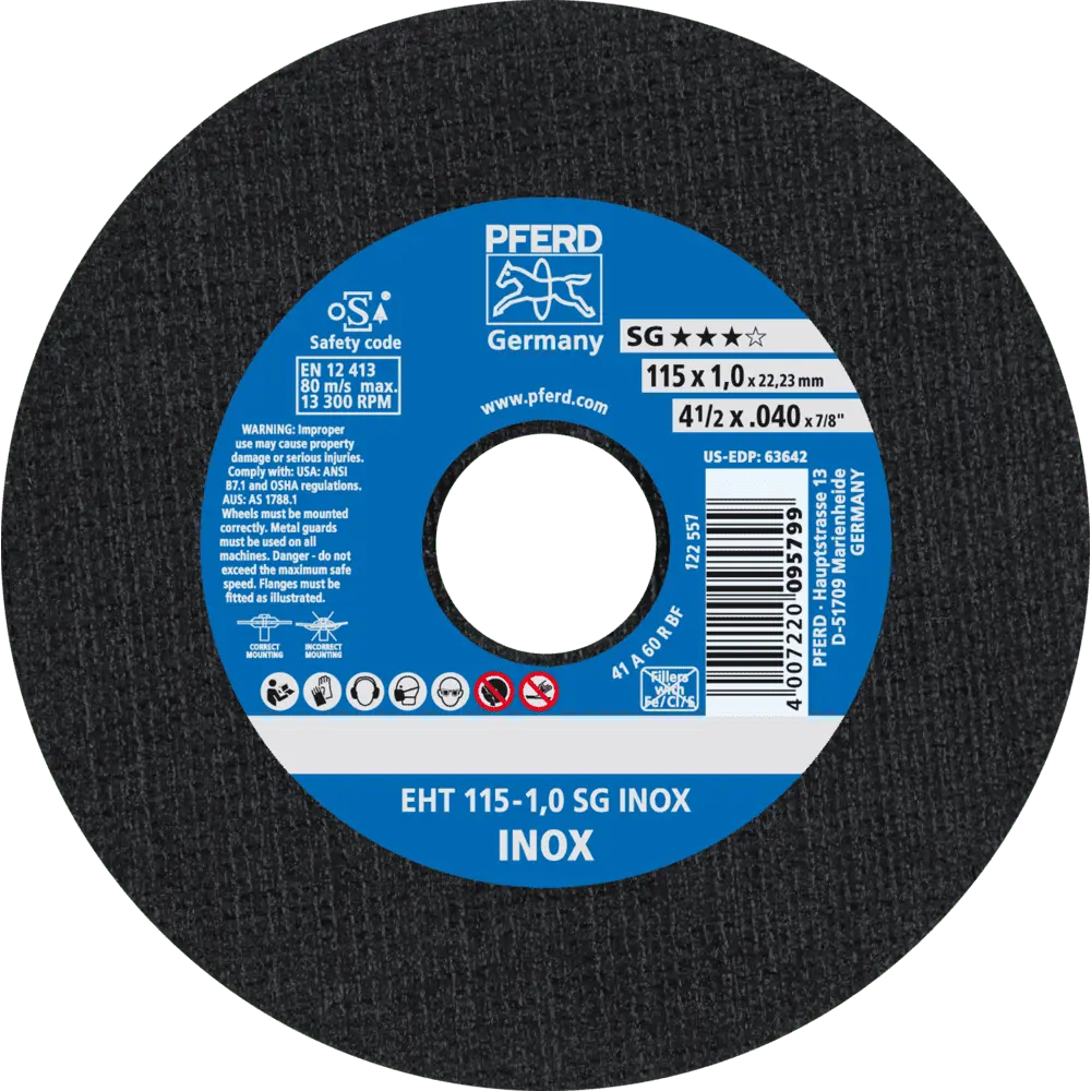 Produktfoto 1 von PFERD TOOLS Trennscheibe EHT 115x1,0x22,23 mm gerade Leistungslinie SG INOX für Edelstahl, 25 Stk.