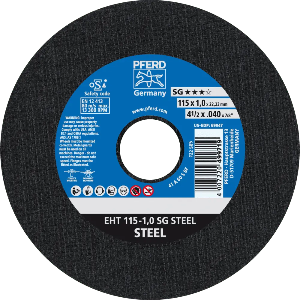 Produktfoto 1 von PFERD TOOLS Trennscheibe EHT 115x1,0x22,23 mm gerade Leistungslinie SG STEEL für Stahl, 25 Stk.