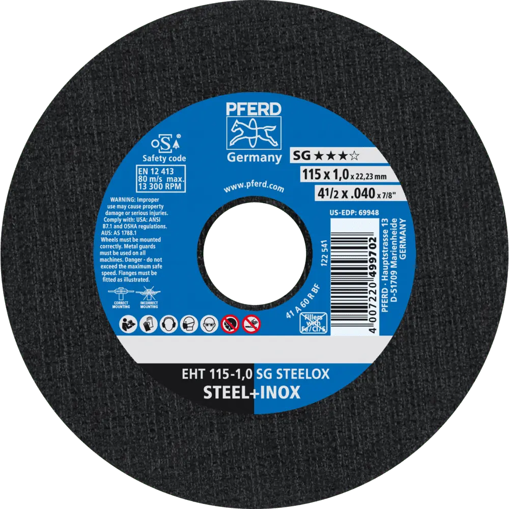 Produktfoto 1 von PFERD TOOLS Trennscheibe EHT 115x1,0x22,23 mm gerade Leistungslinie SG STEELOX für Stahl/Edelstahl, 25 Stk.