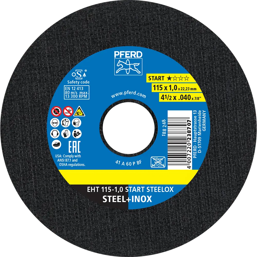 Produktfoto 1 von PFERD TOOLS Trennscheibe EHT 115x1,0x22,23 mm gerade Startlinie START STEELOX für Stahl/Edelstahll (10), 10 Stk.