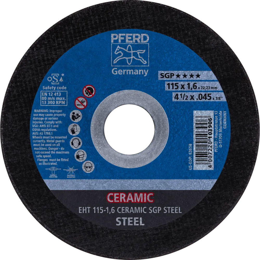 Produktfoto 1 von PFERD TOOLS Trennscheibe EHT 115x1,6x22,23 mm gerade CERAMIC Speziallinie SGP STEEL für Stahl, 25 Stk.