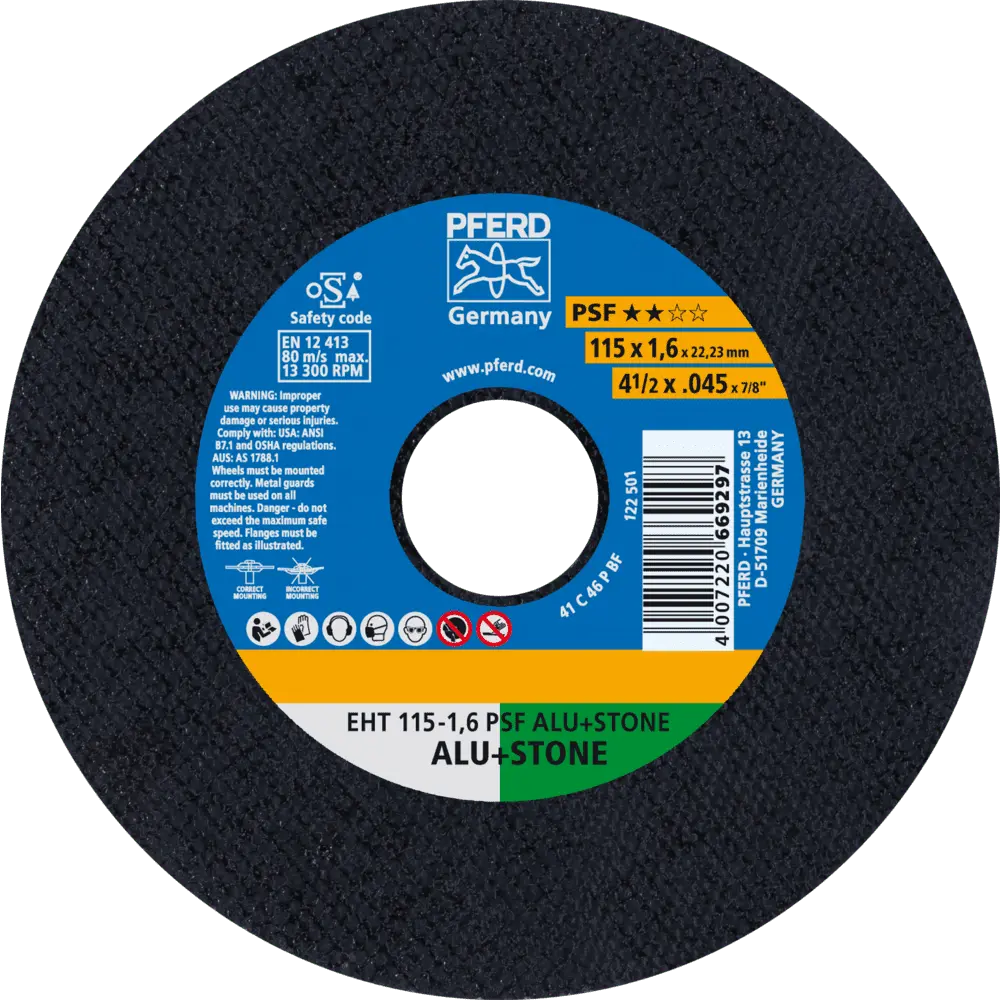 Produktfoto 1 von PFERD TOOLS Trennscheibe EHT 115x1,6x22,23 mm gerade Uni.-Linie PSF ALU+STONE für Alu/NE-Met./Stein/PVC, 25 Stk.
