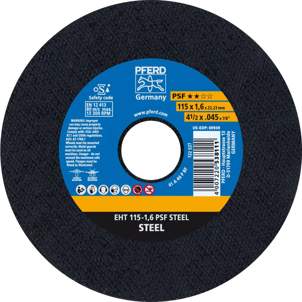 Produktfoto 1 von PFERD TOOLS Trennscheibe EHT 115x1,6x22,23 mm gerade Universallinie PSF STEEL für Stahl, 25 Stk.