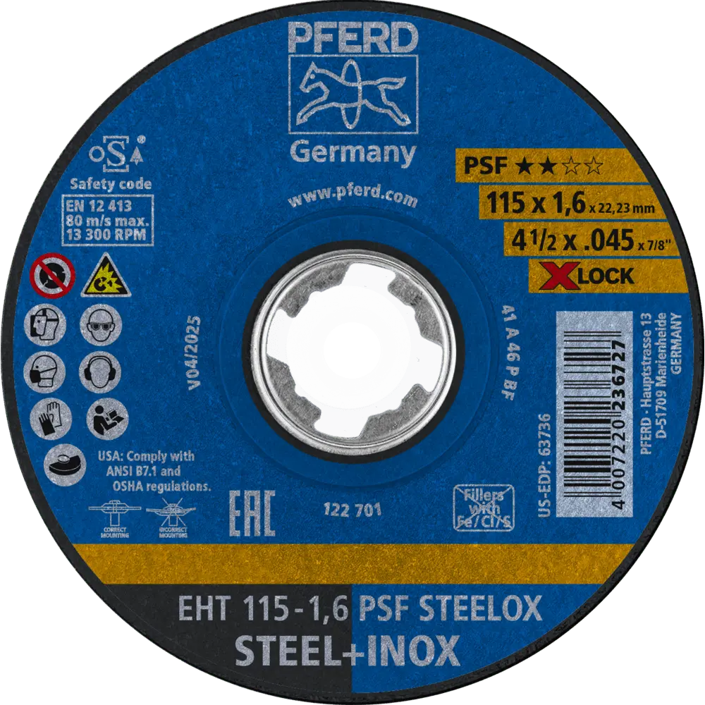 Produktfoto 1 von PFERD TOOLS Trennscheibe EHT 115x1,6 mm X-LOCK gerade Universallinie PSF STEELOX für Stahl/Edelstahl, 25 Stk.