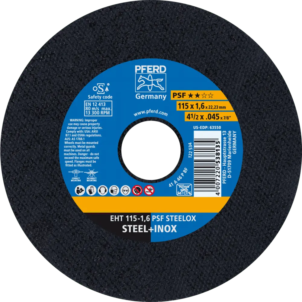 Produktfoto 1 von PFERD TOOLS Trennscheibe EHT 115x1,6x22,23 mm gerade Universallinie PSF STEELOX für Stahl/Edelstahl, 25 Stk.