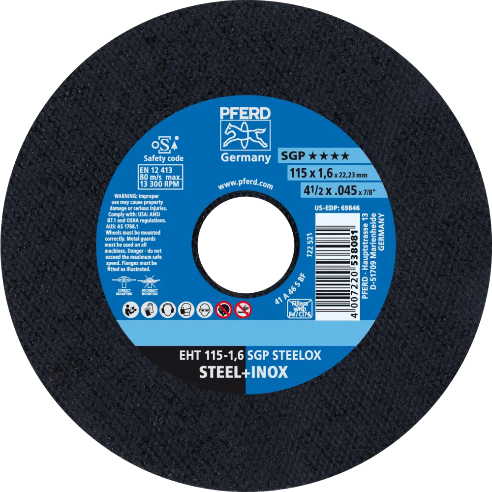 Produktfoto 1 von PFERD TOOLS Trennscheibe EHT 115x1,6x22,23 mm gerade Speziallinie SGP STEELOX für Stahl/Edelstahl, 25 Stk.