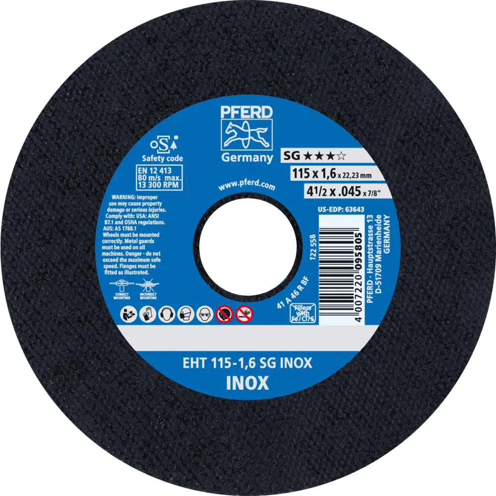 Produktfoto 1 von PFERD TOOLS Trennscheibe EHT 115x1,6x22,23 mm gerade Leistungslinie SG INOX für Edelstahl, 25 Stk.