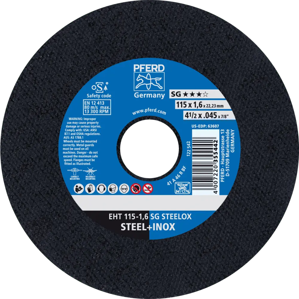 Produktfoto 1 von PFERD TOOLS Trennscheibe EHT 115x1,6x22,23 mm gerade Leistungslinie SG STEELOX für Stahl/Edelstahl, 25 Stk.