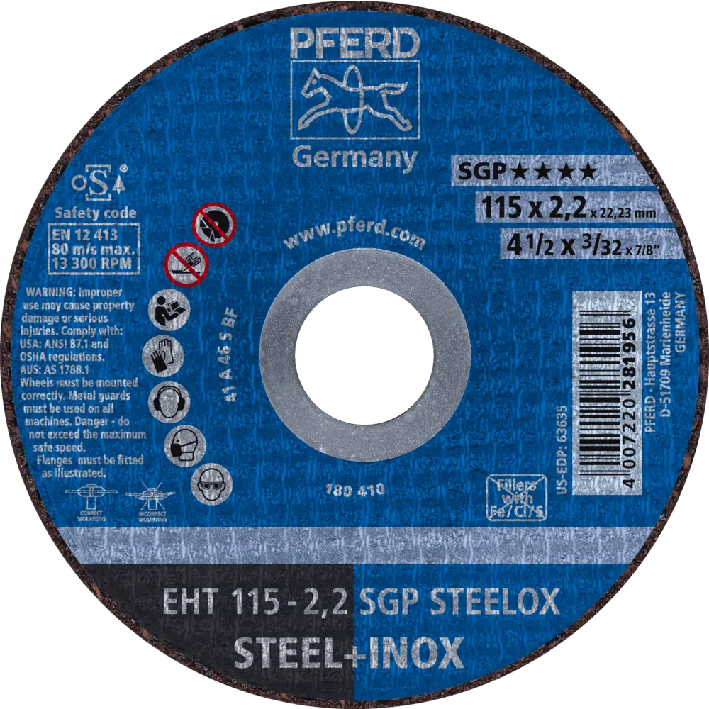 Produktfoto 1 von PFERD TOOLS Trennscheibe EHT 115x2,2x22,23 mm gerade Speziallinie SGP STEELOX für Stahl/Edelstahl, 25 Stk.