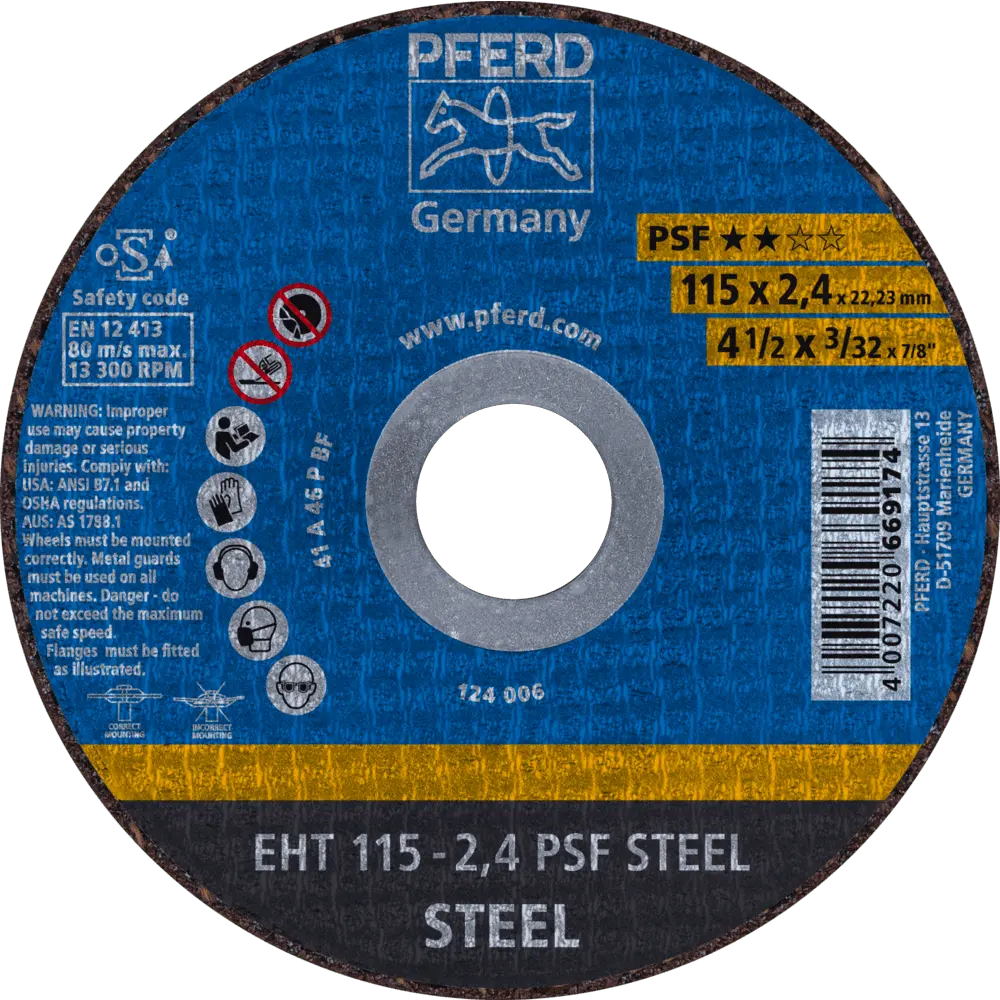 Produktfoto 1 von PFERD TOOLS Trennscheibe EHT 115x2,4x22,23 mm gerade Universallinie PSF STEEL für Stahl, 25 Stk.