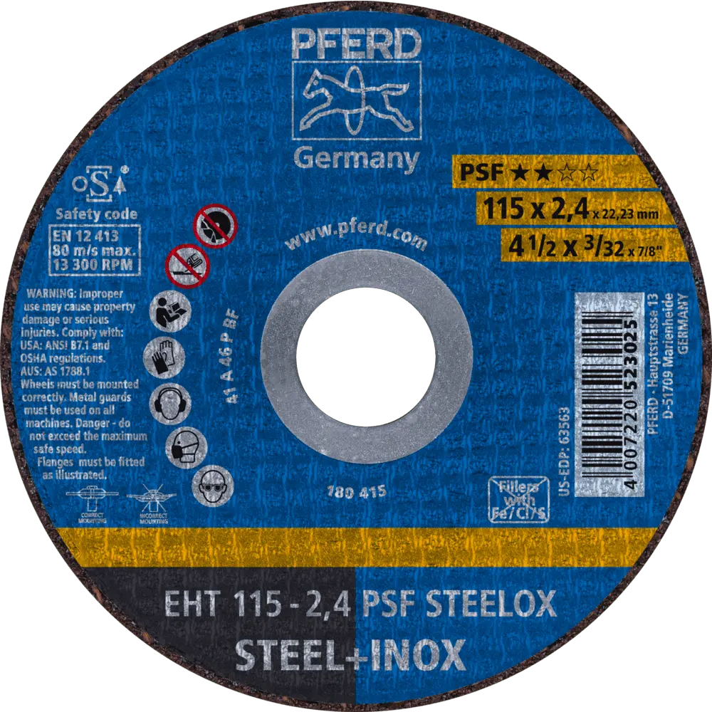 Produktfoto 1 von PFERD TOOLS Trennscheibe EHT 115x2,4x22,23 mm gerade Universallinie PSF STEELOX für Stahl/Edelstahl, 25 Stk.