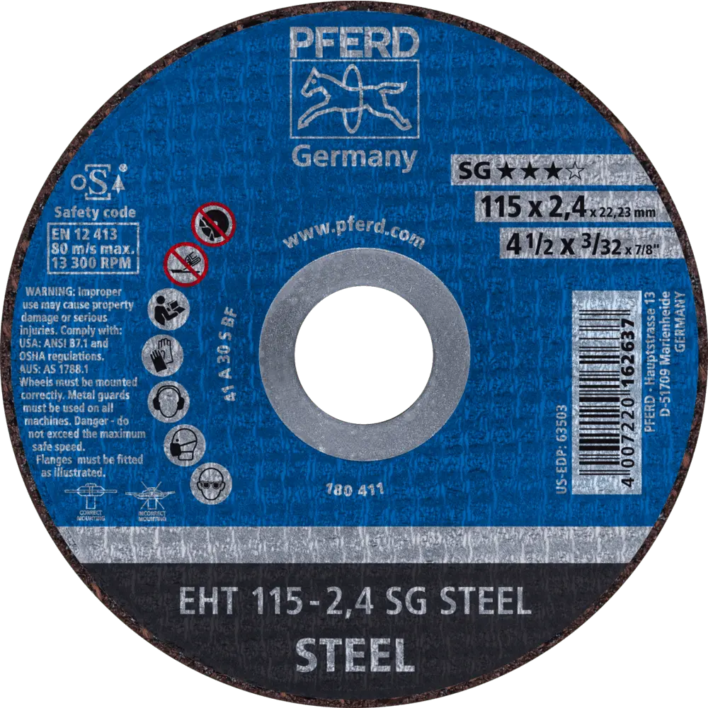 Produktfoto 1 von PFERD TOOLS Trennscheibe EHT 115x2,4x22,23 mm gerade Leistungslinie SG STEEL für Stahl, 25 Stk.