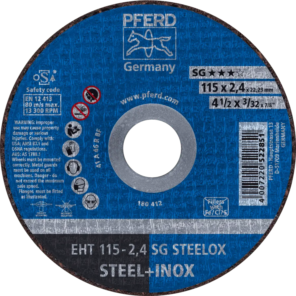 Produktfoto 1 von PFERD TOOLS Trennscheibe EHT 115x2,4x22,23 mm gerade Leistungslinie SG STEELOX für Stahl/Edelstahl, 25 Stk.