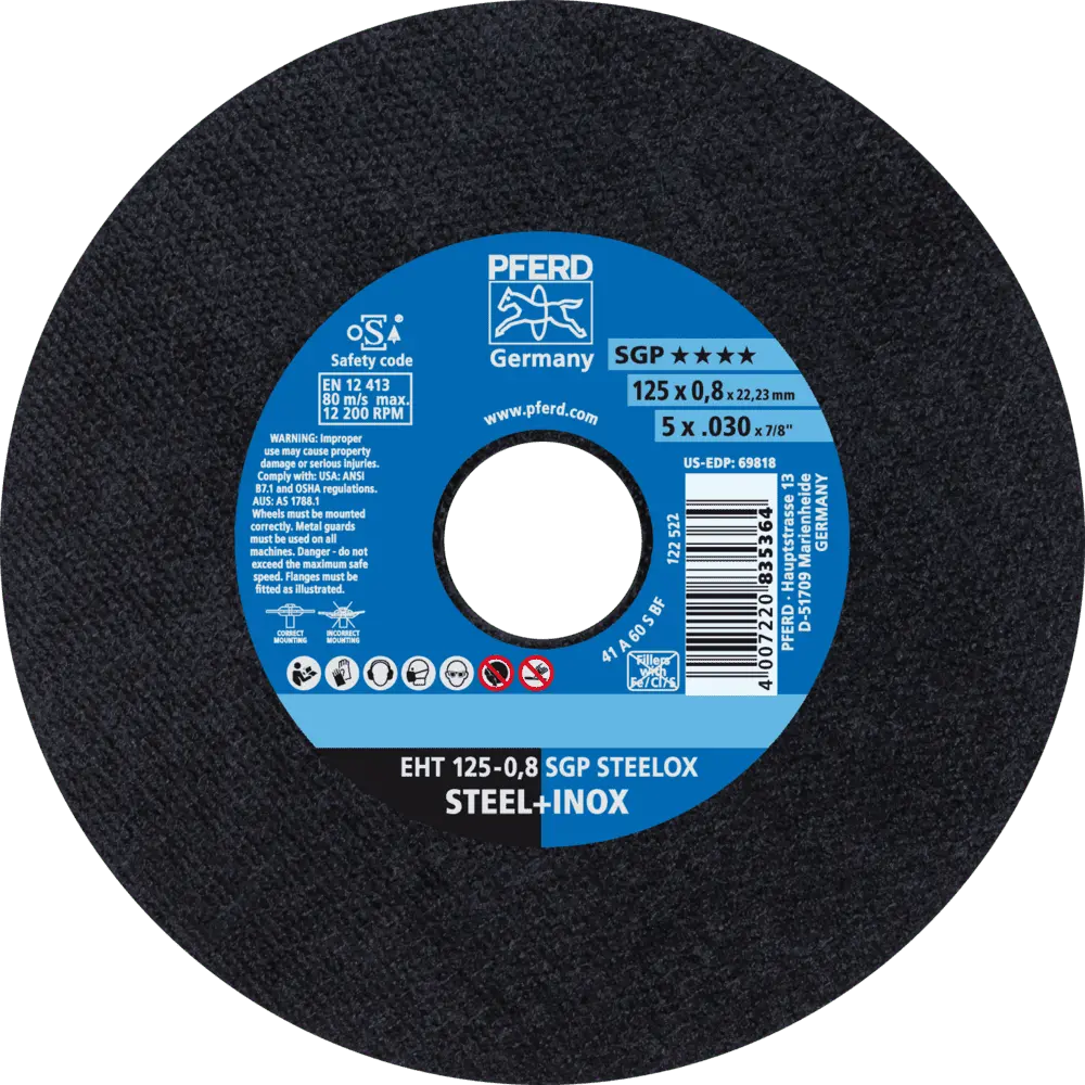 Produktfoto 1 von PFERD TOOLS Trennscheibe EHT 125x0,8x22,23 mm gerade Speziallinie SGP STEELOX für Stahl/Edelstahl, 25 Stk.