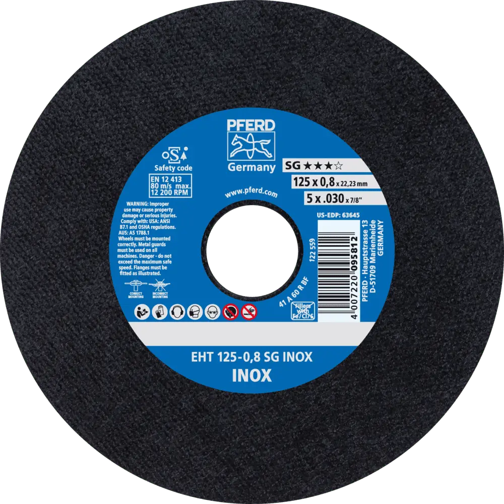 Produktfoto 1 von PFERD TOOLS Trennscheibe EHT 125x0,8x22,23 mm gerade Leistungslinie SG INOX für Edelstahl, 25 Stk.