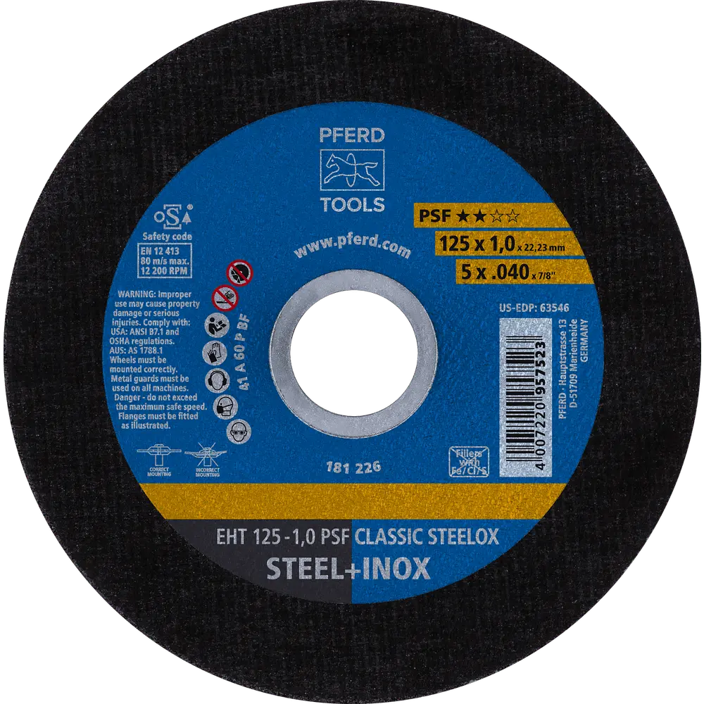 Produktfoto 1 von PFERD TOOLS Trennscheibe EHT 125x1,0x22,23 mm gerade Universallinie PSF CLASSIC STEELOX für Stahl/VA, 25 Stk.