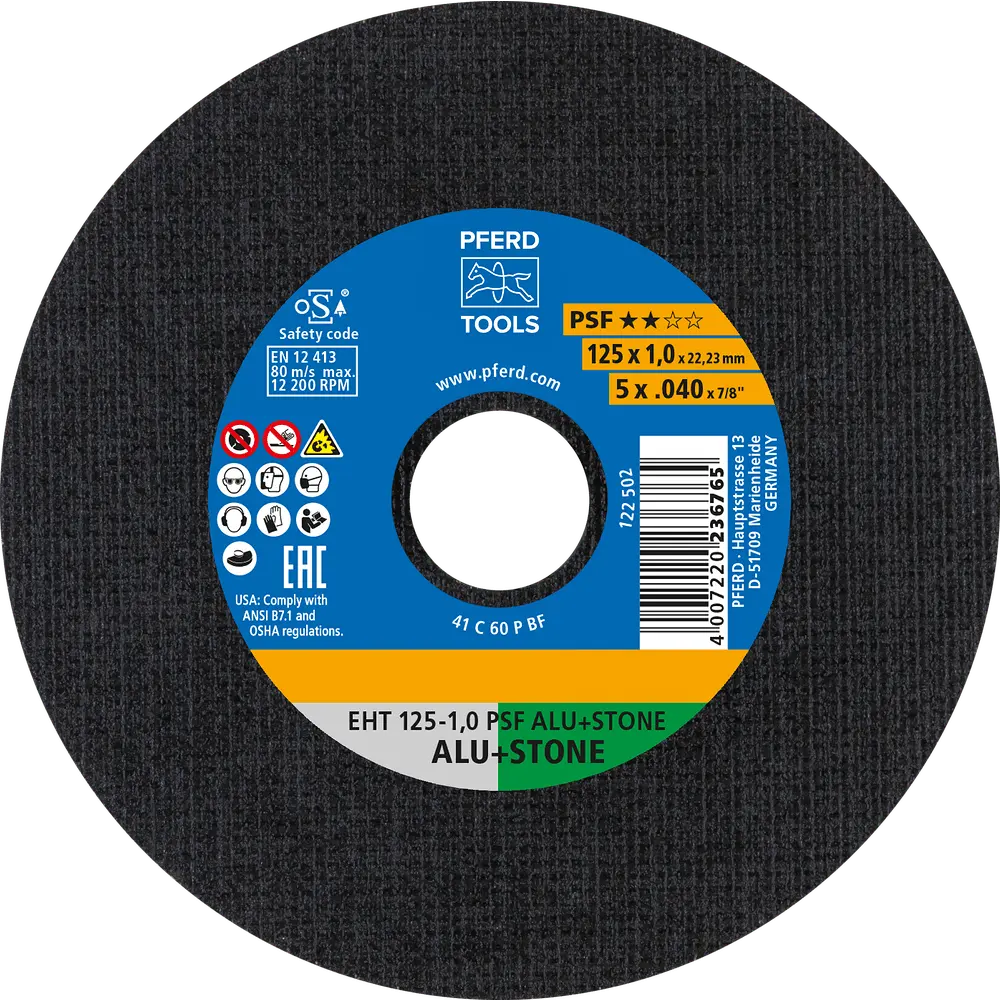 Produktfoto 1 von PFERD TOOLS Trennscheibe EHT 125x1,0x22,23 mm gerade Uni.-Linie PSF ALU+STONE für Alu/NE-Met./Stein/PVC, 25 Stk.