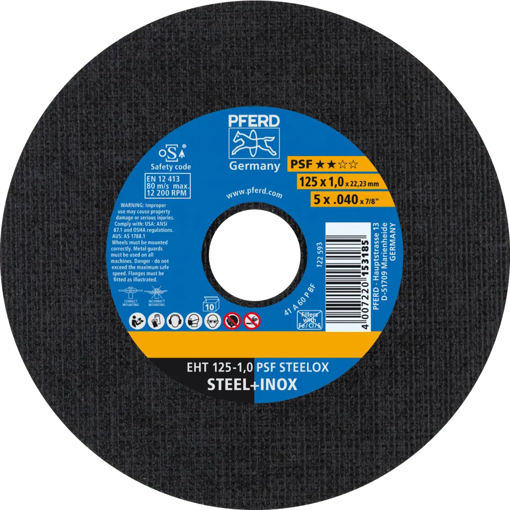 Produktfoto 1 von PFERD TOOLS Trennscheibe EHT 125x1,0x22,23 mm gerade Universallinie PSF STEELOX für Stahl/Edelstahl (10), 10 Stk.