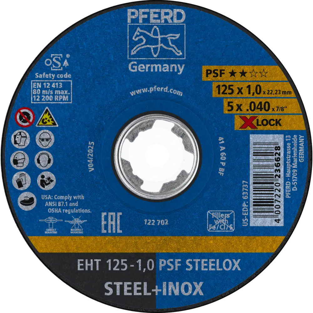 Produktfoto 1 von PFERD TOOLS Trennscheibe EHT 125x1,0mm X-LOCK gerade Universallinie PSF STEELOX für Stahl/Edelstahl, 25 Stk.
