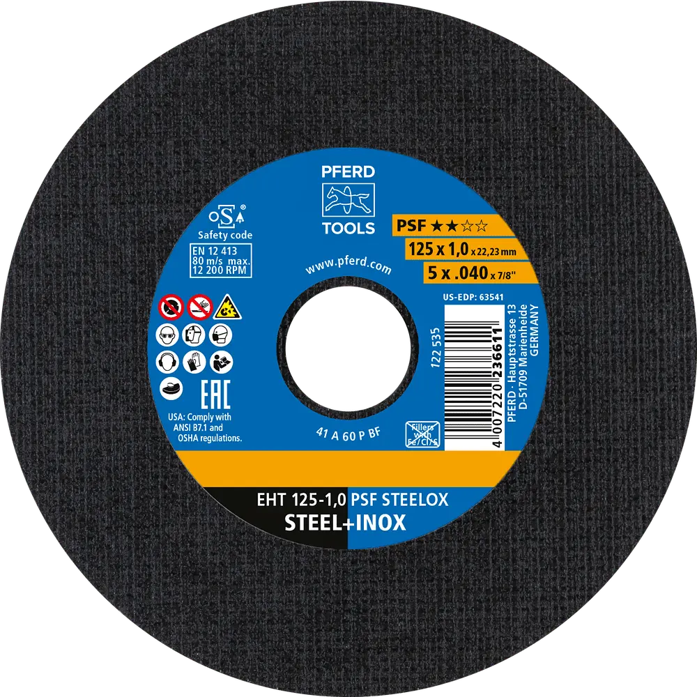 Produktfoto 1 von PFERD TOOLS Trennscheibe EHT 125x1,0x22,23 mm gerade Universallinie PSF STEELOX für Stahl/Edelstahl (10), 10 Stk.