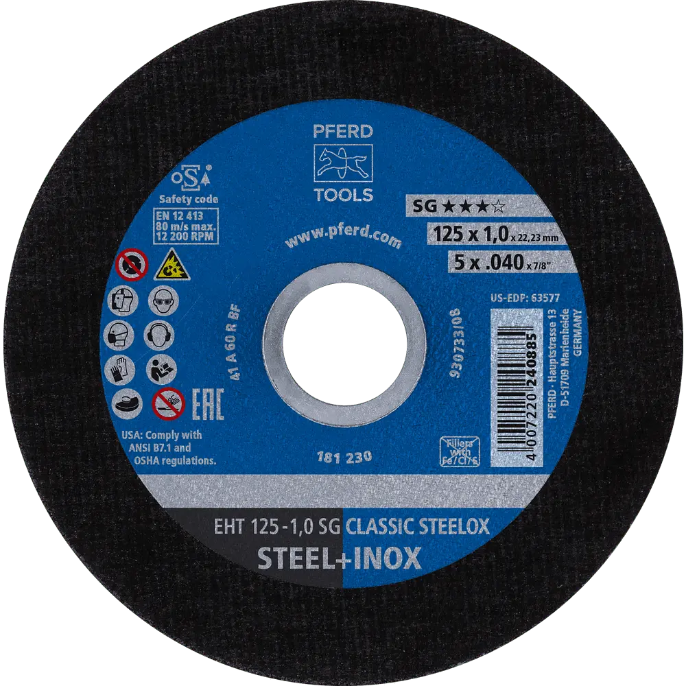 Produktfoto 1 von PFERD TOOLS Trennscheibe EHT 125x1,0x22,23 mm gerade Leistungslinie SG CLASSIC STEELOX für Stahl/VA, 25 Stk.