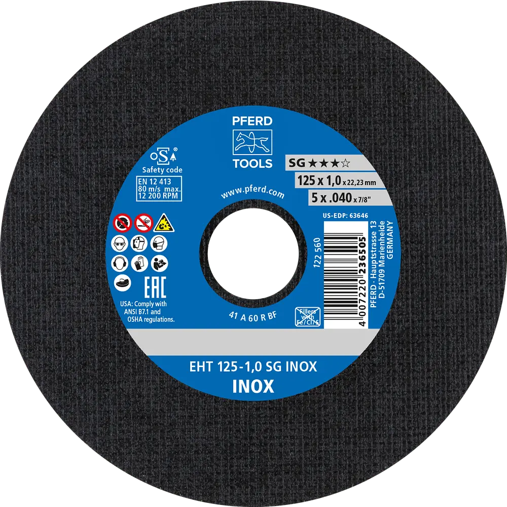 Produktfoto 1 von PFERD TOOLS Trennscheibe EHT 125x1,0x22,23 mm gerade Leistungslinie SG INOX für Edelstahl, 25 Stk.